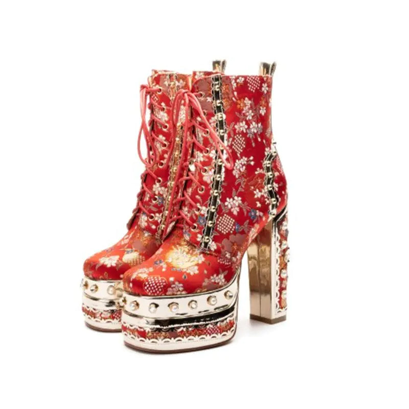 Platform Ankle Boots with Floral Pattern - Trendy Sassy Stylish