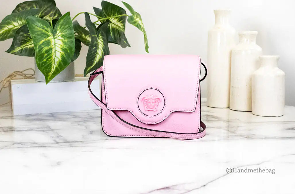 Versace La Medusa Small Pink Leather Evening Crossbody Bag - Trendy Sassy Stylish