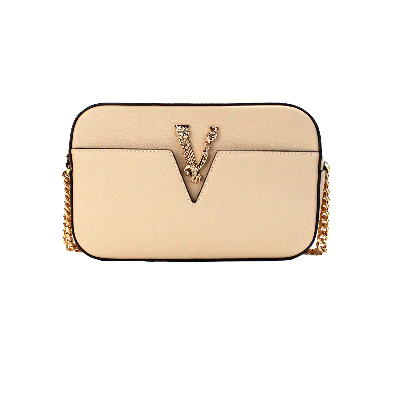 Versace Virtus Small Beige Leather Camera Crossbody Bag - Trendy Sassy Stylish