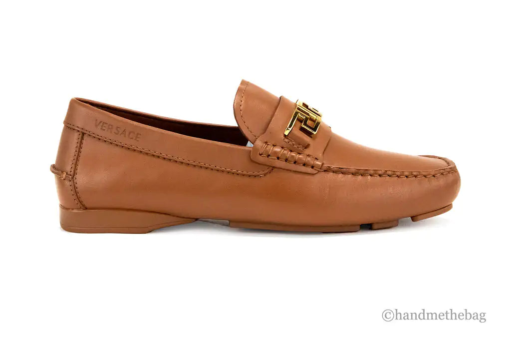 Versace Warm Brown Leather Gold Greek Key Driver Loafers - Trendy Sassy Stylish