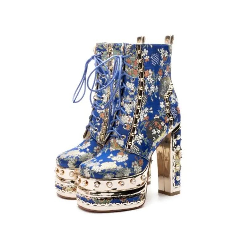 Platform Ankle Boots with Floral Pattern - Trendy Sassy Stylish