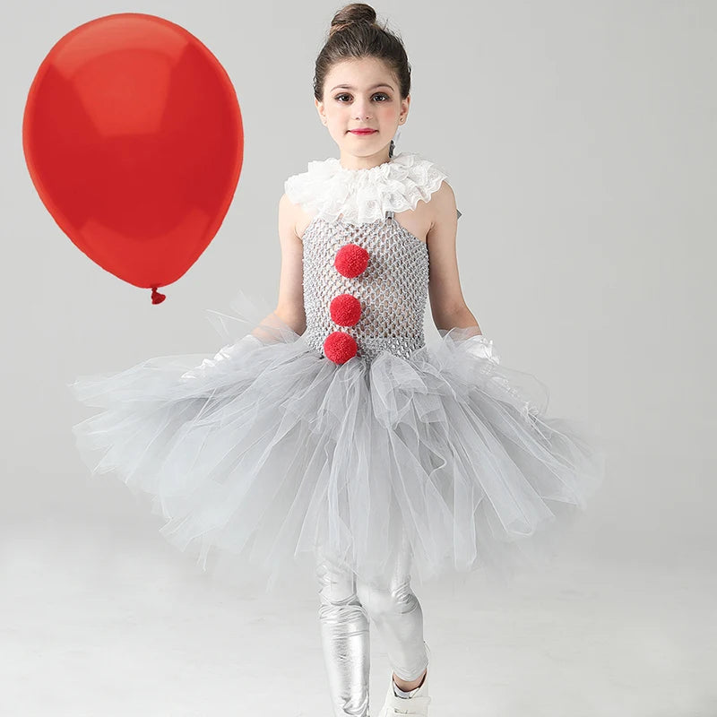 Girls Pennywise Costume Cosplay It Clown Halloween Child's Fancy Pennywise Tutu Dress Handmade Kids Carnival Party Tulle Dress