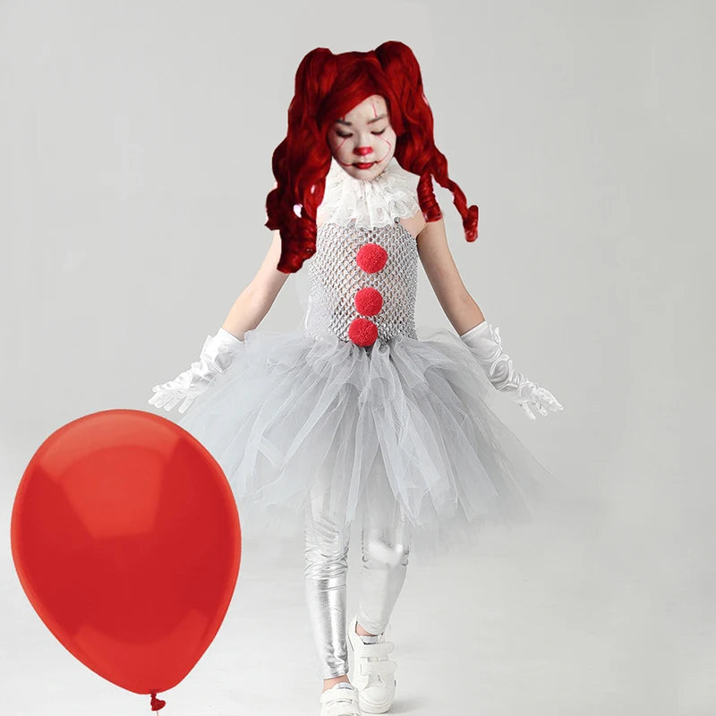 Girls Pennywise Costume Cosplay It Clown Halloween Child's Fancy Pennywise Tutu Dress Handmade Kids Carnival Party Tulle Dress