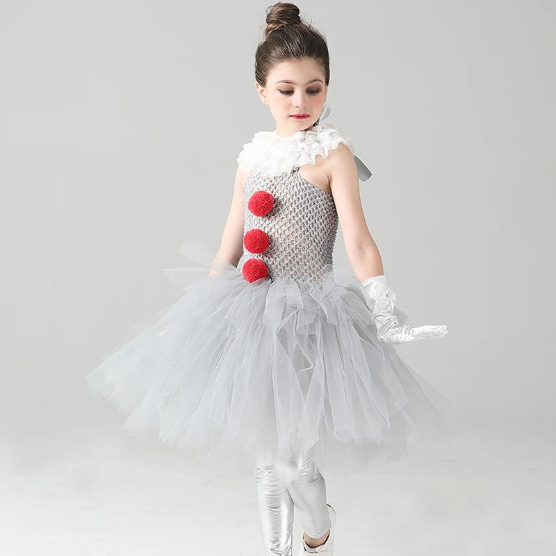 Girls Pennywise Costume Cosplay It Clown Halloween Child's Fancy Pennywise Tutu Dress Handmade Kids Carnival Party Tulle Dress