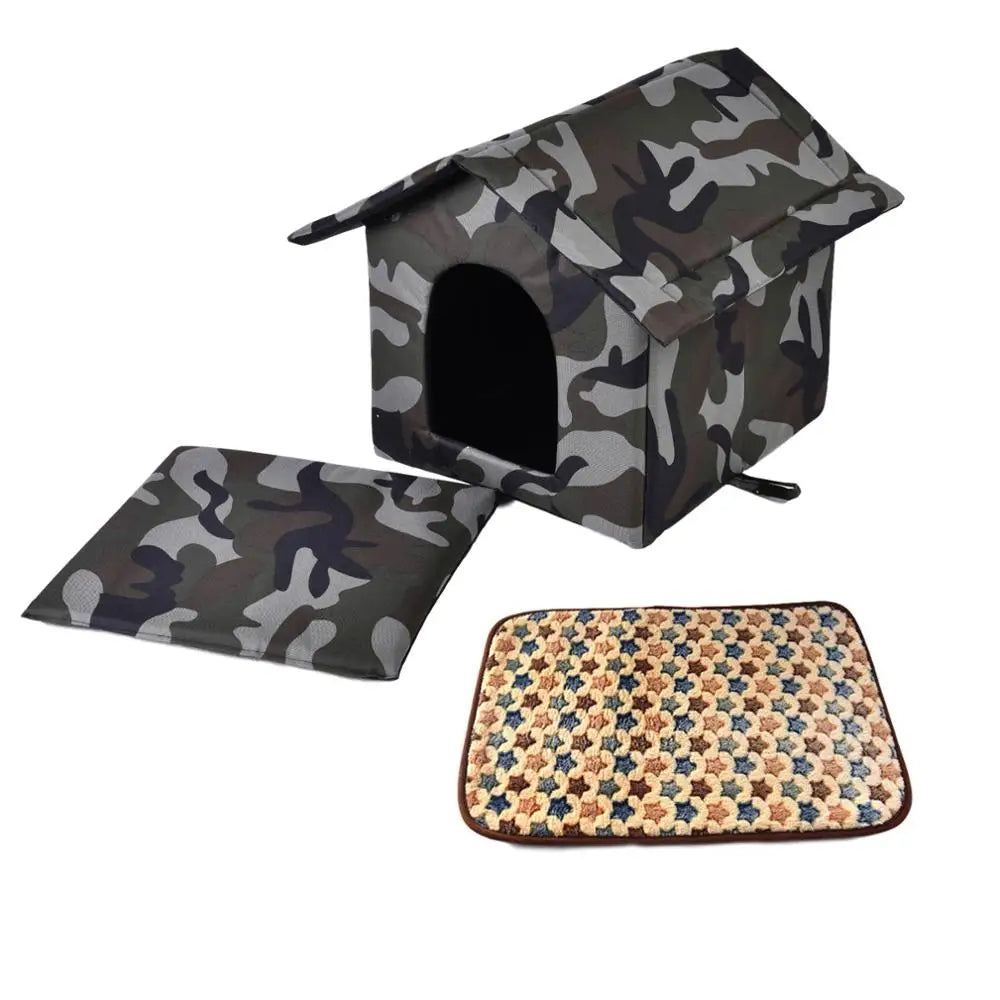 Outdoor Pet Dog House Foldable Bed Soft Winter Camouflage Waterproof Rainproof Cat Kennel Kitty House With 2 Mats Pet Shelter