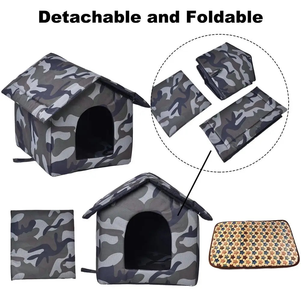 Outdoor Pet Dog House Foldable Bed Soft Winter Camouflage Waterproof Rainproof Cat Kennel Kitty House With 2 Mats Pet Shelter