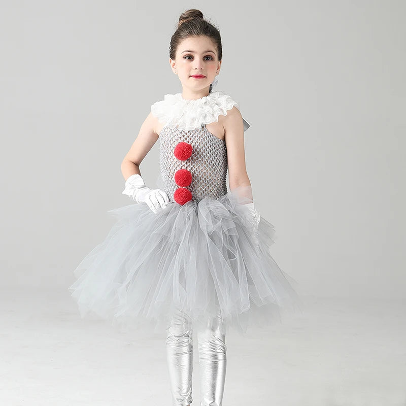 Girls Pennywise Costume Cosplay It Clown Halloween Child's Fancy Pennywise Tutu Dress Handmade Kids Carnival Party Tulle Dress