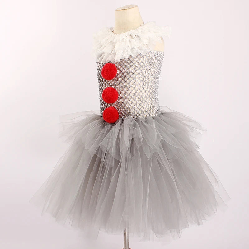 Girls Pennywise Costume Cosplay It Clown Halloween Child's Fancy Pennywise Tutu Dress Handmade Kids Carnival Party Tulle Dress