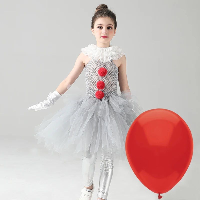 Girls Pennywise Costume Cosplay It Clown Halloween Child's Fancy Pennywise Tutu Dress Handmade Kids Carnival Party Tulle Dress