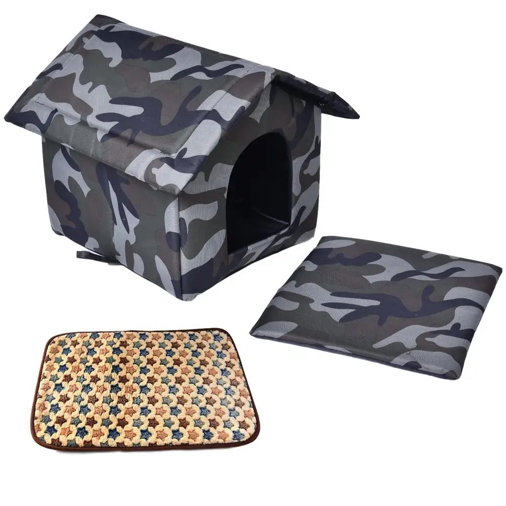 Outdoor Pet Dog House Foldable Bed Soft Winter Camouflage Waterproof Rainproof Cat Kennel Kitty House With 2 Mats Pet Shelter