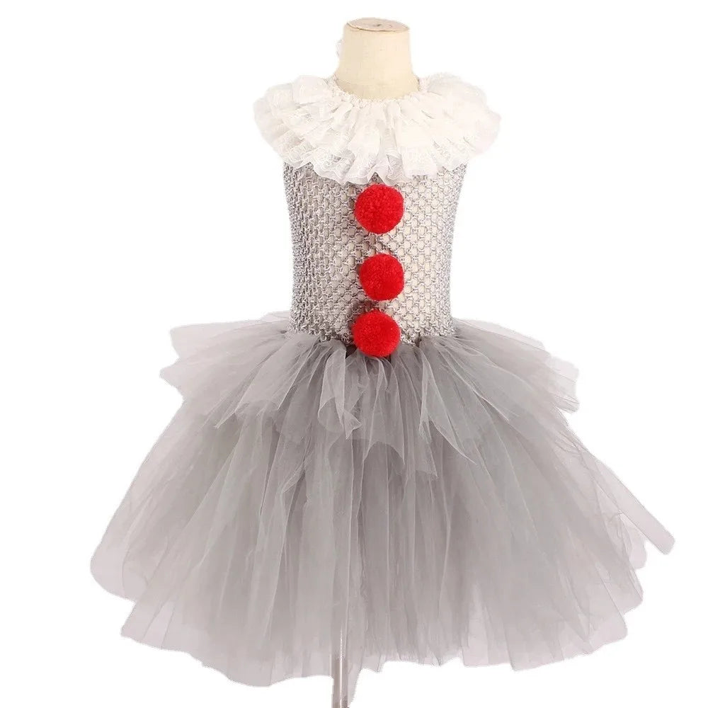 Girls Pennywise Costume Cosplay It Clown Halloween Child's Fancy Pennywise Tutu Dress Handmade Kids Carnival Party Tulle Dress