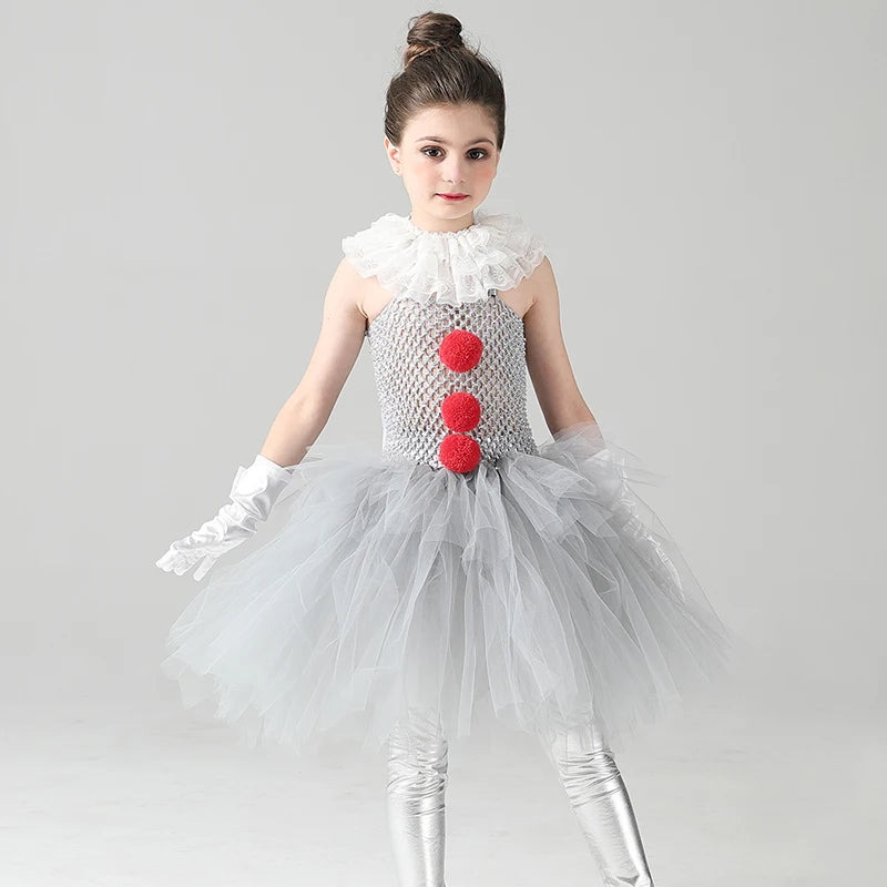 Girls Pennywise Costume Cosplay It Clown Halloween Child's Fancy Pennywise Tutu Dress Handmade Kids Carnival Party Tulle Dress