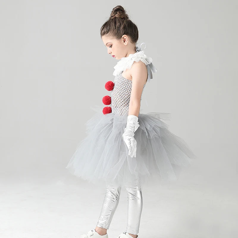 Girls Pennywise Costume Cosplay It Clown Halloween Child's Fancy Pennywise Tutu Dress Handmade Kids Carnival Party Tulle Dress