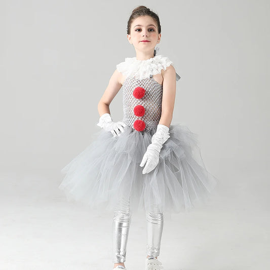 Girls Pennywise Costume Cosplay It Clown Halloween Child's Fancy Pennywise Tutu Dress Handmade Kids Carnival Party Tulle Dress