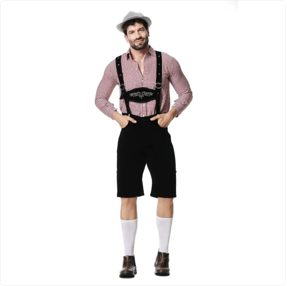 Men’s Oktoberfest Costume - Plaid Shirt, Bib Shorts, & Hat Set - Trendy Sassy Stylish