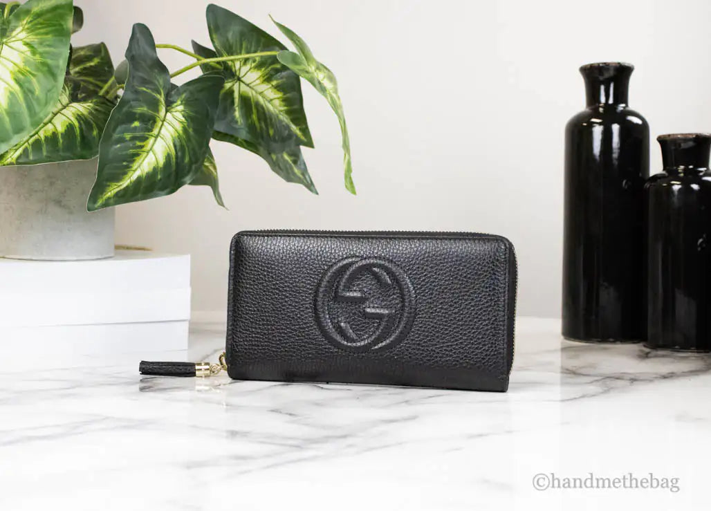 Gucci Cellarius Double Logo Black Leather Zip Around Wallet - Trendy Sassy Stylish