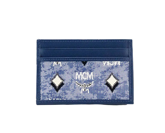 MCM Veritas Vintage Blue Denim Fabric Monogrammed Card Case - Trendy Sassy Stylish