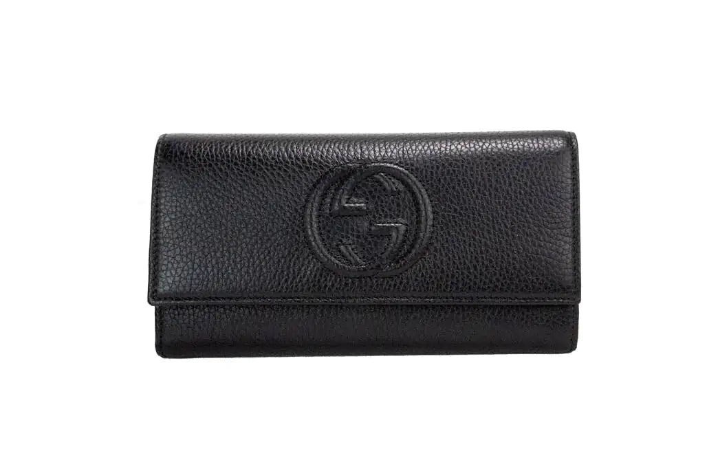 Gucci Cellarius Double Logo Black Leather Snap Flap Wallet - Trendy Sassy Stylish