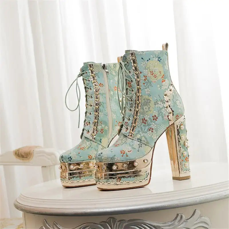 Platform Ankle Boots with Floral Pattern - Trendy Sassy Stylish