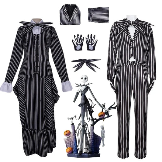 Jack Skelington Cosplay Costume Movie The Nightmare Cosplay Before Christmas Striped Top Pant Outfit Halloween Party Uniform