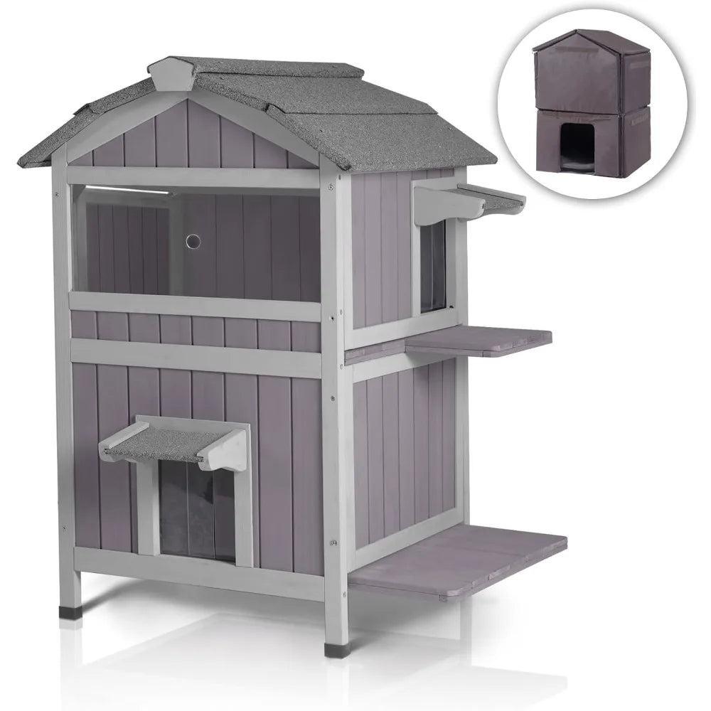 Insulated Outdoor Cat House for Winter - 2-Story Weatherproof Feral Cat Shelter