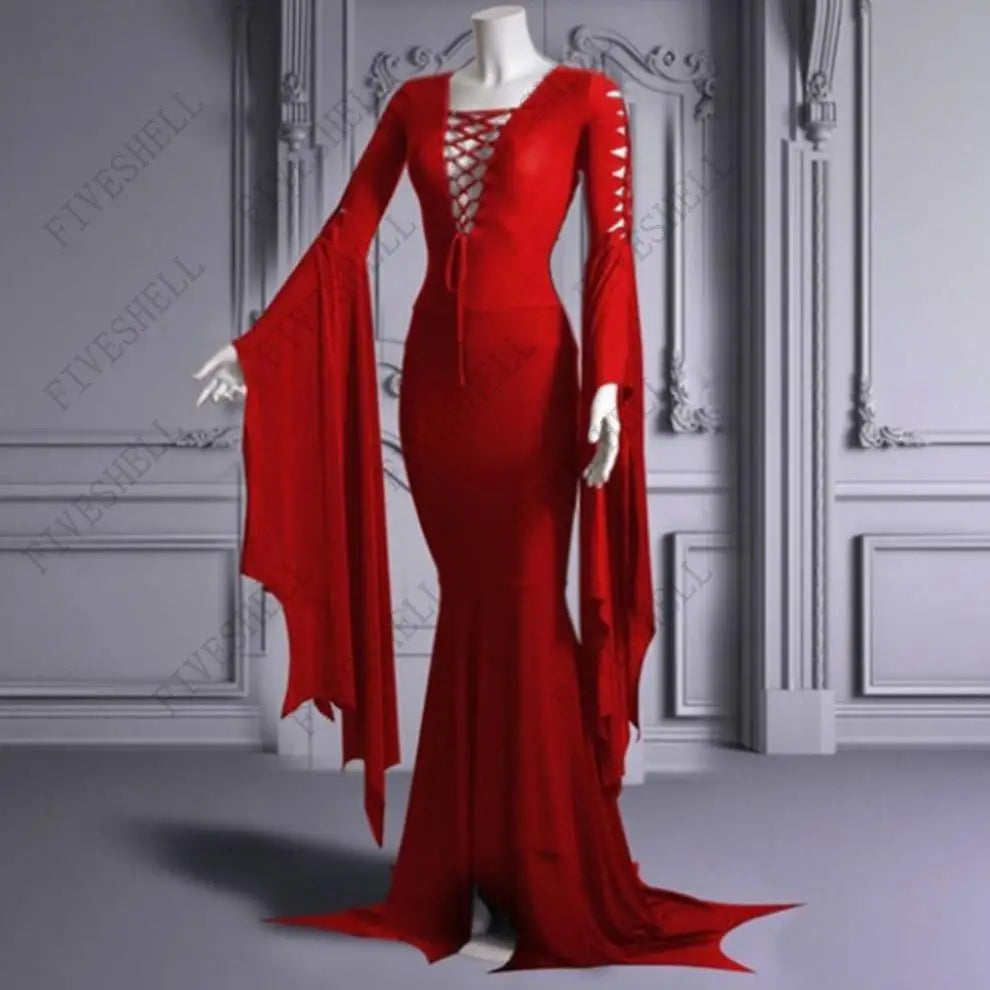 Medieval Vampire Black Lace Up Gown Robe For Women S-5XL Sexy Witch Ghost Halloween Costume Morticia Addam Gothic Maxi Dress