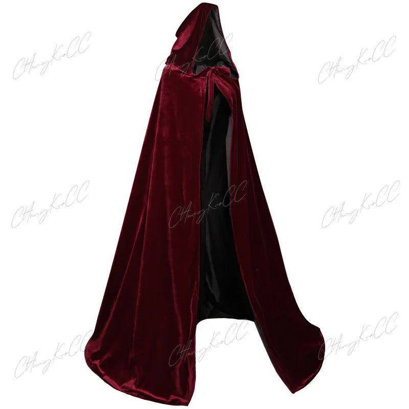 Hooded Cloak Long Velvet Cape Robe Green Black Red Halloween Carnival Purim Coats Medieval Witch Wicca Vampire Costume For Adult