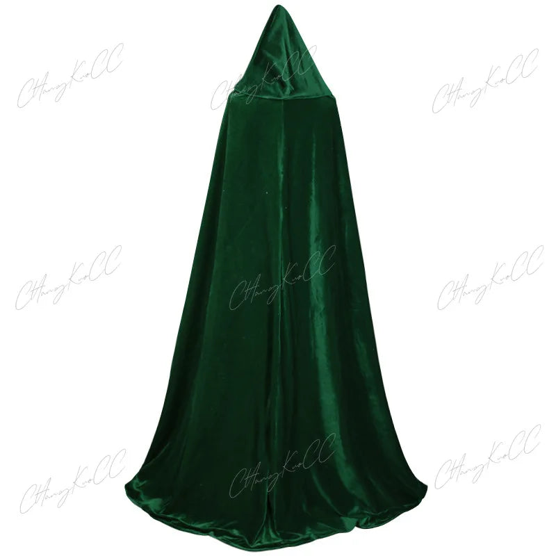 Hooded Cloak Long Velvet Cape Robe Green Black Red Halloween Carnival Purim Coats Medieval Witch Wicca Vampire Costume For Adult