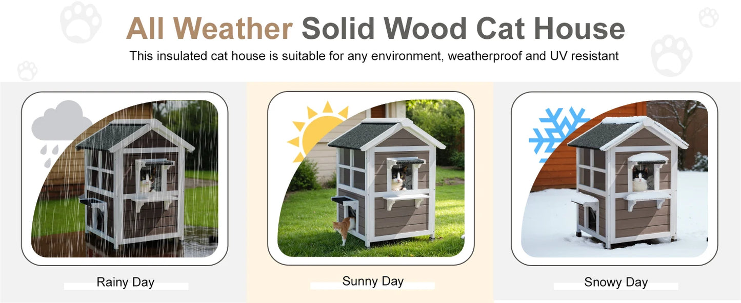 Outdoor Cat House - 2-Story Weatherproof Shelter with Window, Large Wooden Feral Cat Condos, Escape Door for Small Animals