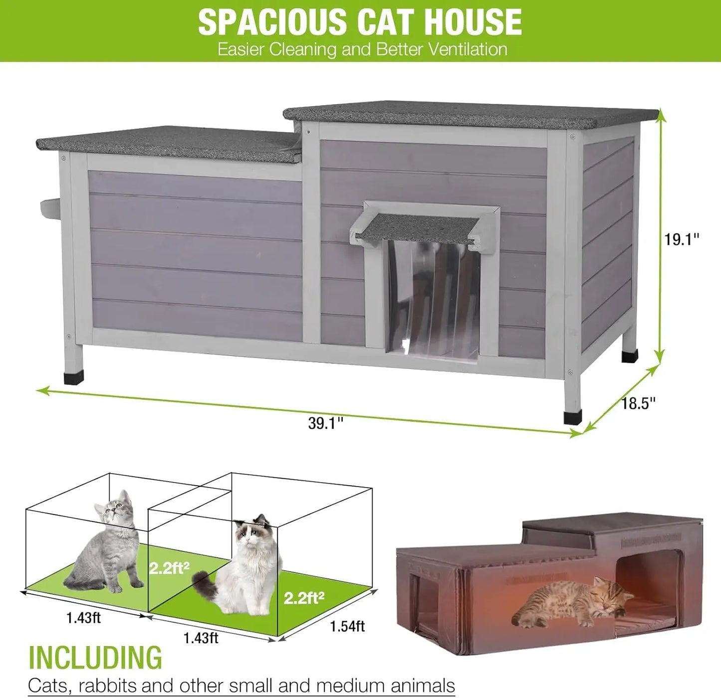 Insulated Outdoor Feral Kitty Shelter with Weatherproof Liner - Large Space Cat Condo for Winter