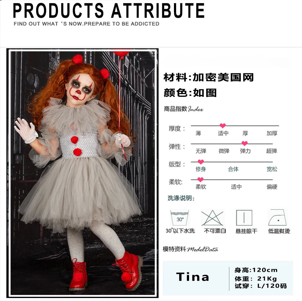 Joker Pennywise Girls Mesh Tutu Dress Horror Joker Halloween Costume Cosplay Costumes Kids Fancy Dresses Performance Clothing