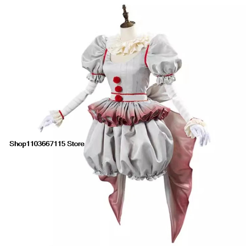 Movie Clown Pennywise Cosplay Costume Halloween Girls Outfit Horror Lolita Dress Up Women Fantasy Dress Carnival Party Full Set