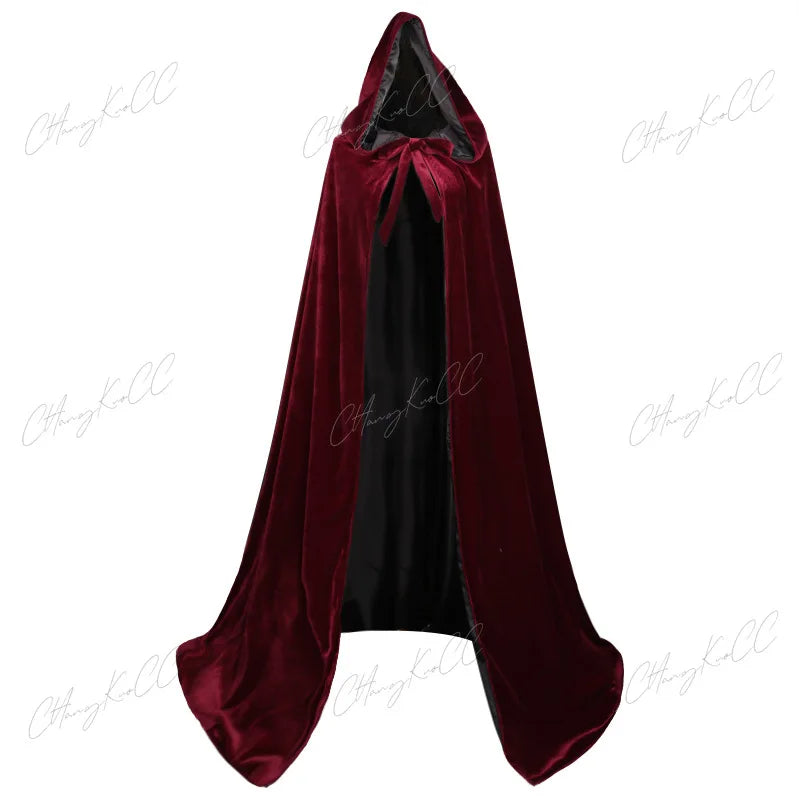 Hooded Cloak Long Velvet Cape Robe Green Black Red Halloween Carnival Purim Coats Medieval Witch Wicca Vampire Costume For Adult