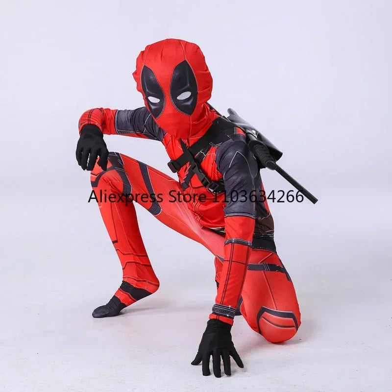 Adult Deadpool Costume Men Women Kids Cosplay Mask Suit Jumpsuit Backpack Knif Accessories Superhero Halloween Costume Child