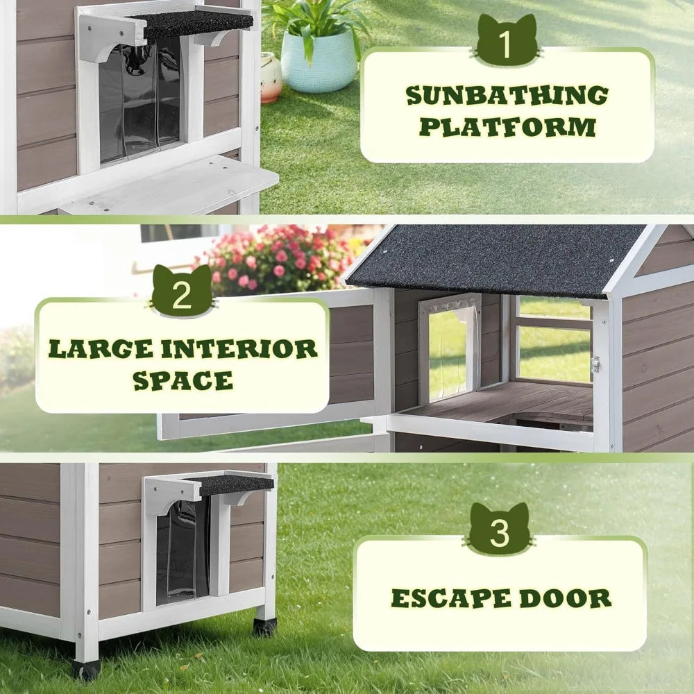 Outdoor Cat House - 2-Story Weatherproof Shelter with Window, Large Wooden Feral Cat Condos, Escape Door for Small Animals