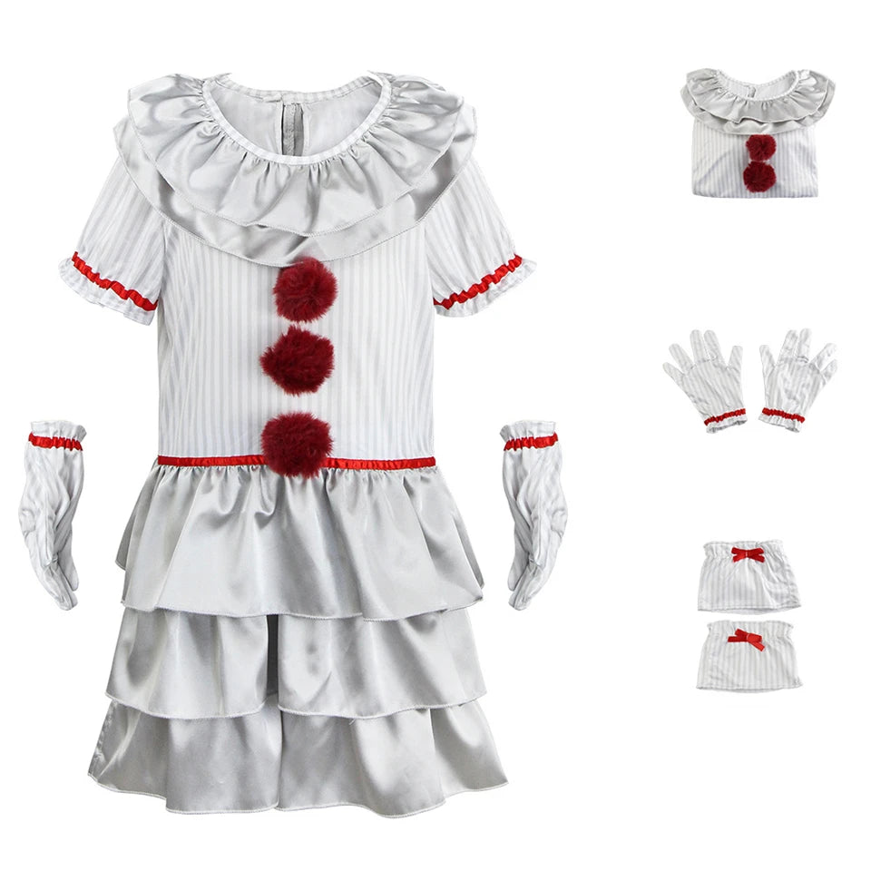 Halloween Cosplay Pennywise Dress for Girls Children's Joker Carnival Party Performance Costumes Kids Clown Masquerade Outfits