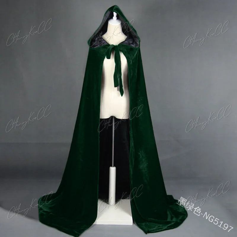 Hooded Cloak Long Velvet Cape Robe Green Black Red Halloween Carnival Purim Coats Medieval Witch Wicca Vampire Costume For Adult