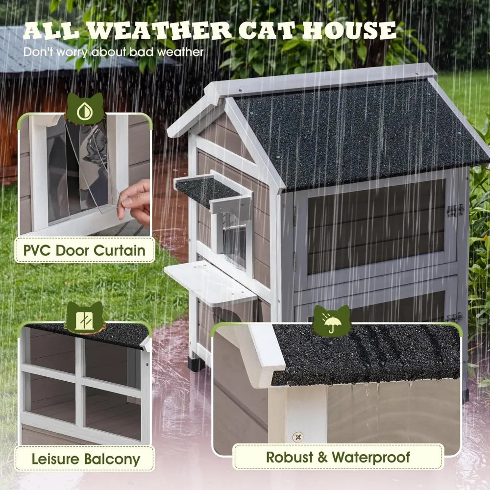 Outdoor Cat House - 2-Story Weatherproof Shelter with Window, Large Wooden Feral Cat Condos, Escape Door for Small Animals