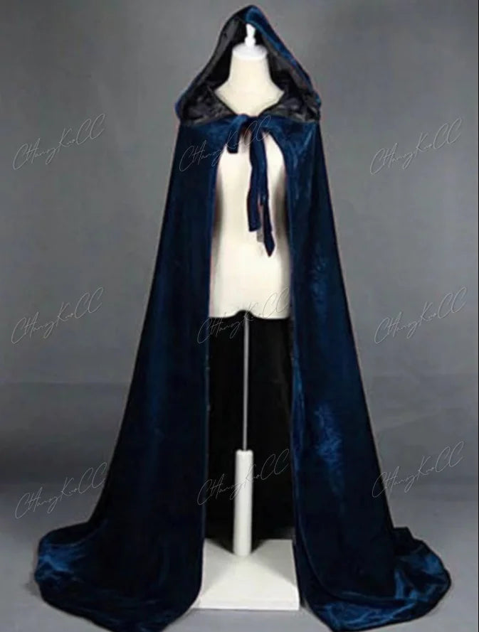 Hooded Cloak Long Velvet Cape Robe Green Black Red Halloween Carnival Purim Coats Medieval Witch Wicca Vampire Costume For Adult