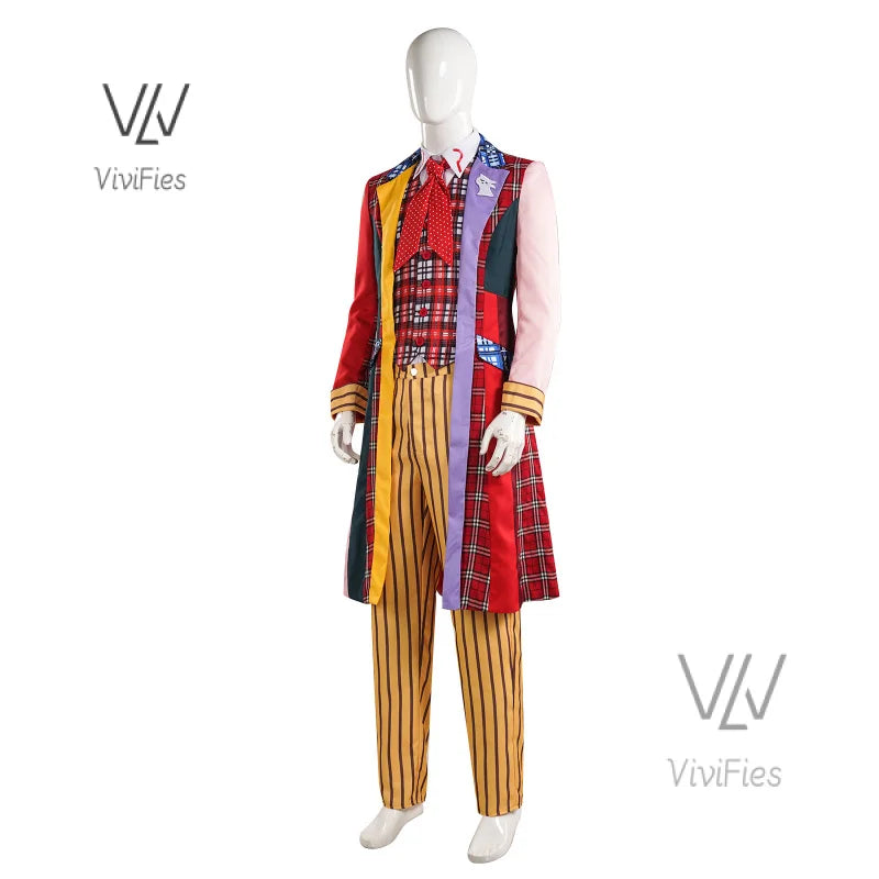 Doctor Colin Baker Cosplay Who Doctor   Long Coat Plaid Vest Pant Suit Costume Fancy Halloween Uniform Outfits S-XXXL