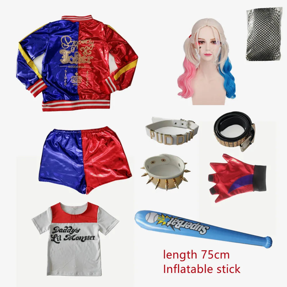 Quinn Monster Joker Jacket Suit tattoo stickers Pants SetCarnival Kids Girls Suicide Harley Cosplay Costumes Squad