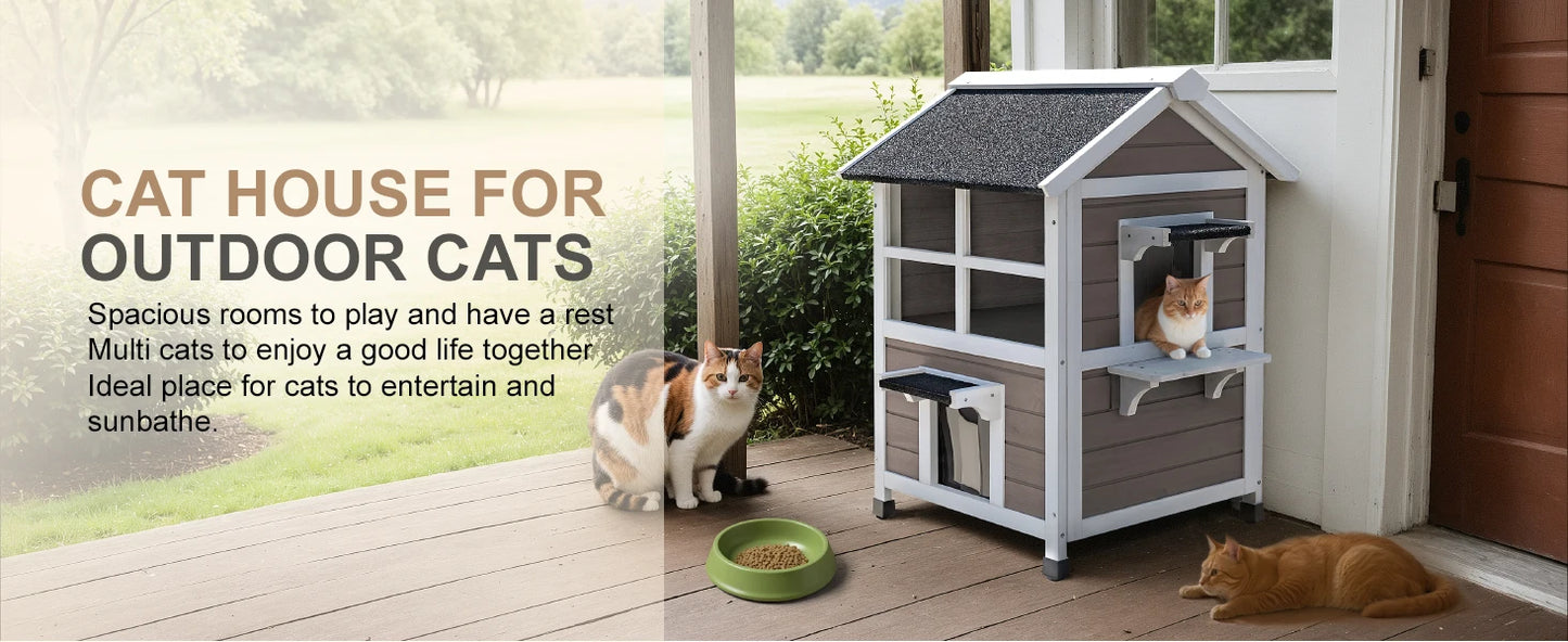 Outdoor Cat House - 2-Story Weatherproof Shelter with Window, Large Wooden Feral Cat Condos, Escape Door for Small Animals