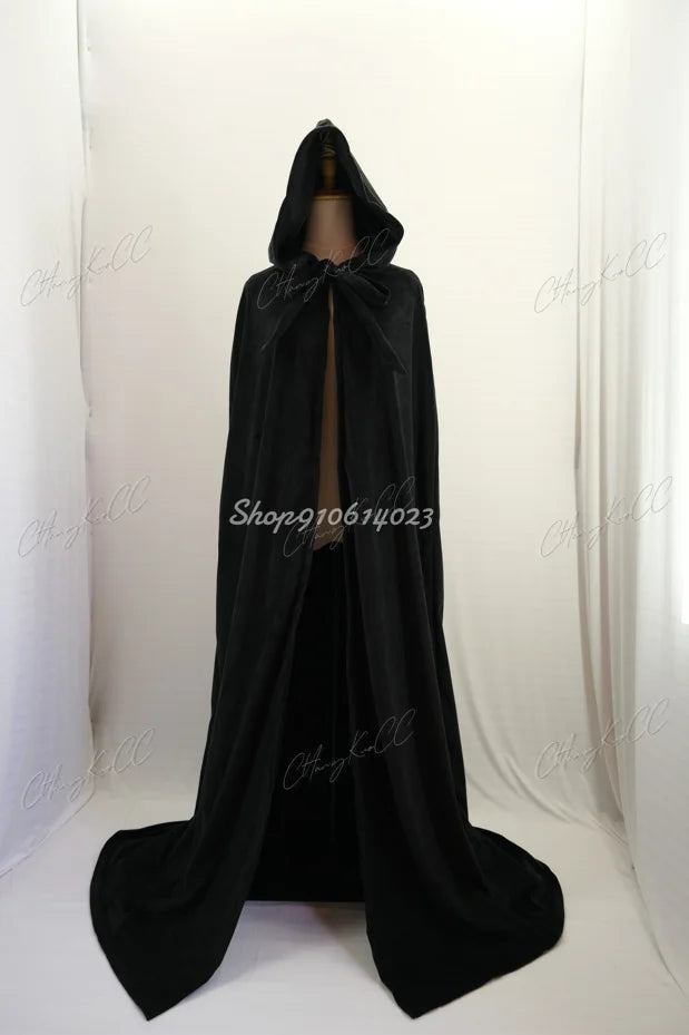 Hooded Cloak Long Velvet Cape Robe Green Black Red Halloween Carnival Purim Coats Medieval Witch Wicca Vampire Costume For Adult