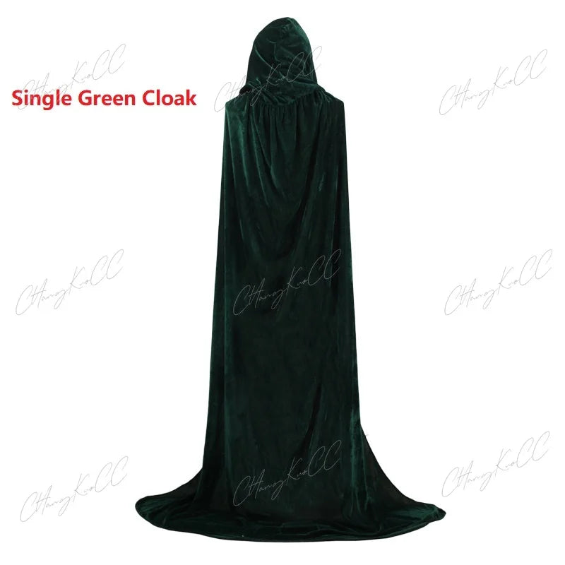 Hooded Cloak Long Velvet Cape Robe Green Black Red Halloween Carnival Purim Coats Medieval Witch Wicca Vampire Costume For Adult