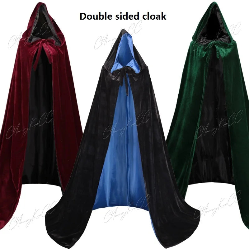 Hooded Cloak Long Velvet Cape Robe Green Black Red Halloween Carnival Purim Coats Medieval Witch Wicca Vampire Costume For Adult