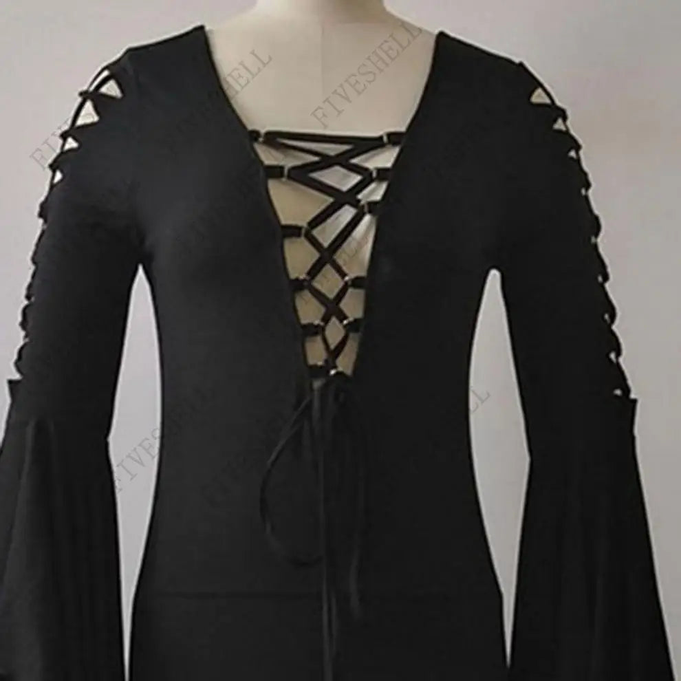 Medieval Vampire Black Lace Up Gown Robe For Women S-5XL Sexy Witch Ghost Halloween Costume Morticia Addam Gothic Maxi Dress