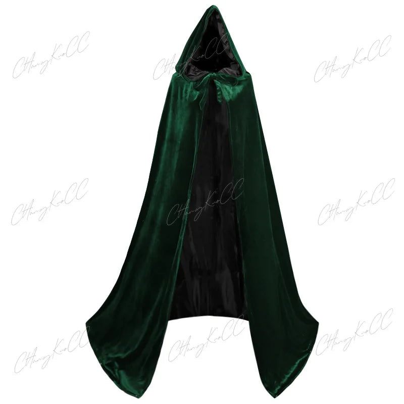 Hooded Cloak Long Velvet Cape Robe Green Black Red Halloween Carnival Purim Coats Medieval Witch Wicca Vampire Costume For Adult