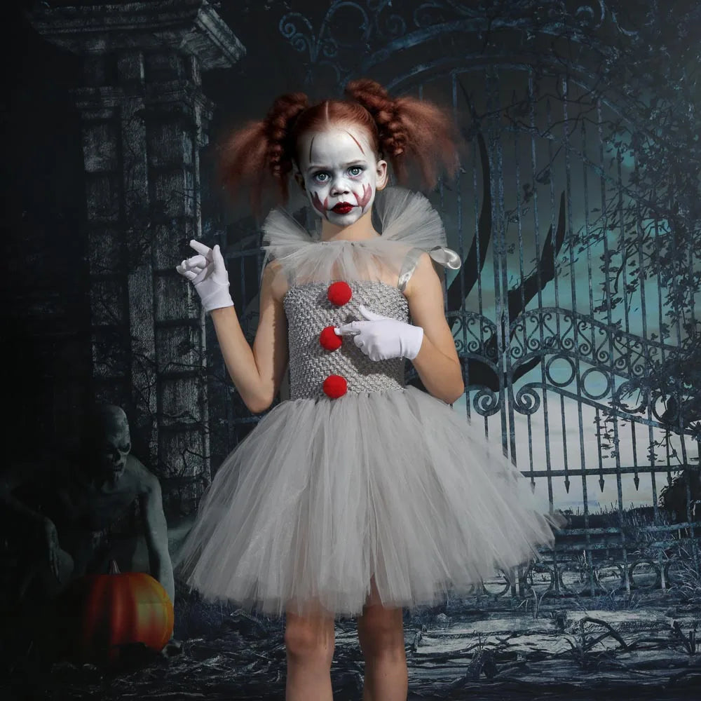 Joker Pennywise Girls Mesh Tutu Dress Horror Joker Halloween Costume Cosplay Costumes Kids Fancy Dresses Performance Clothing