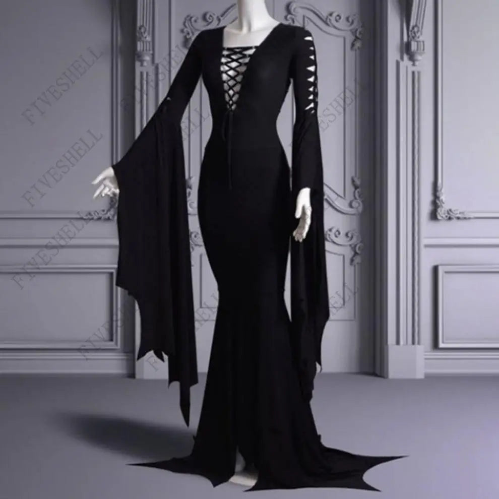 Medieval Vampire Black Lace Up Gown Robe For Women S-5XL Sexy Witch Ghost Halloween Costume Morticia Addam Gothic Maxi Dress