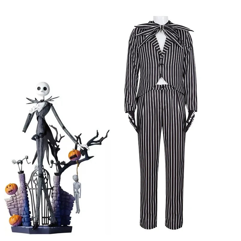 Jack Skelington Cosplay Costume Movie The Nightmare Cosplay Before Christmas Striped Top Pant Outfit Halloween Party Uniform